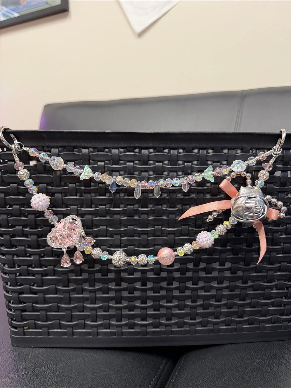 Pink Crystal Purse Chain with Charm and Ribbon Accent